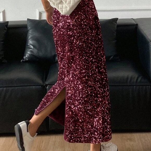Burgundy Party Women's Sequin Embellished Elegant Side Slit Skirt - Picture 2 of 5
